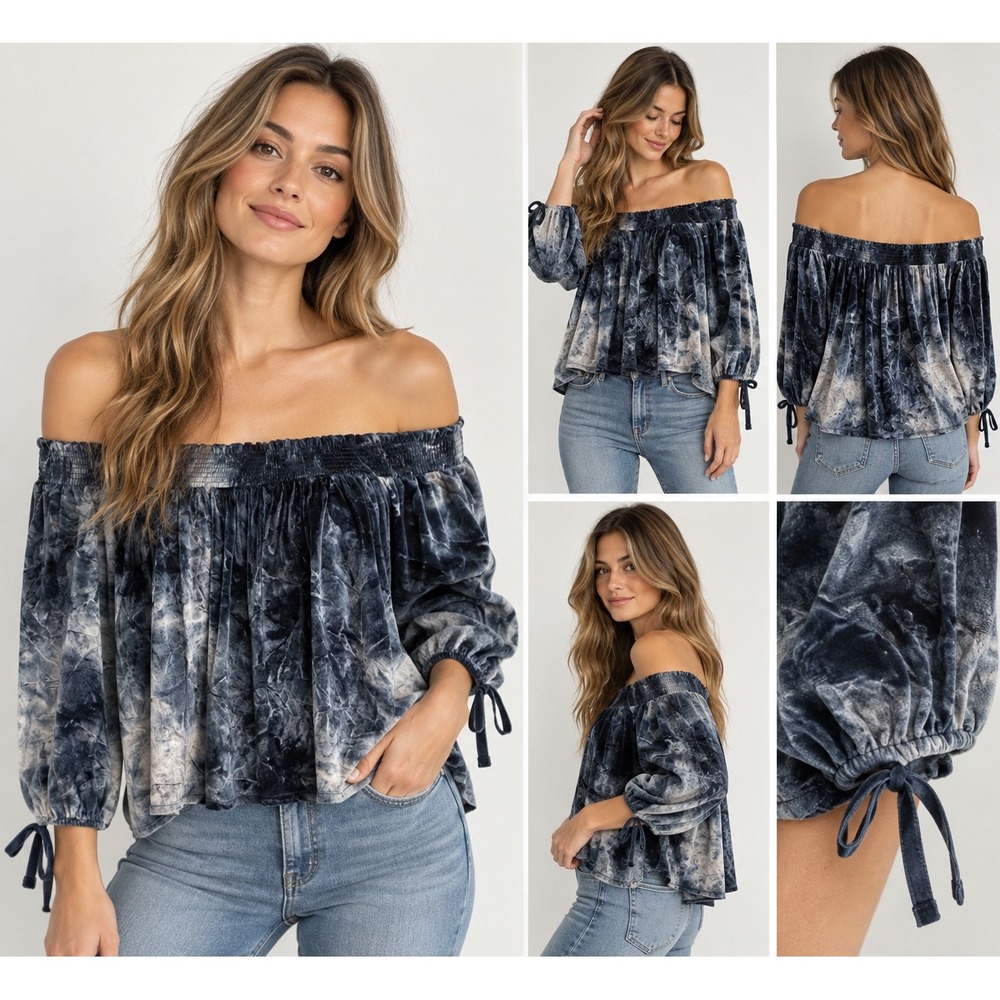 American Eagle Y2K Velvet Tie Dye Off Shoulder Top Womens M Blue Gray NWT